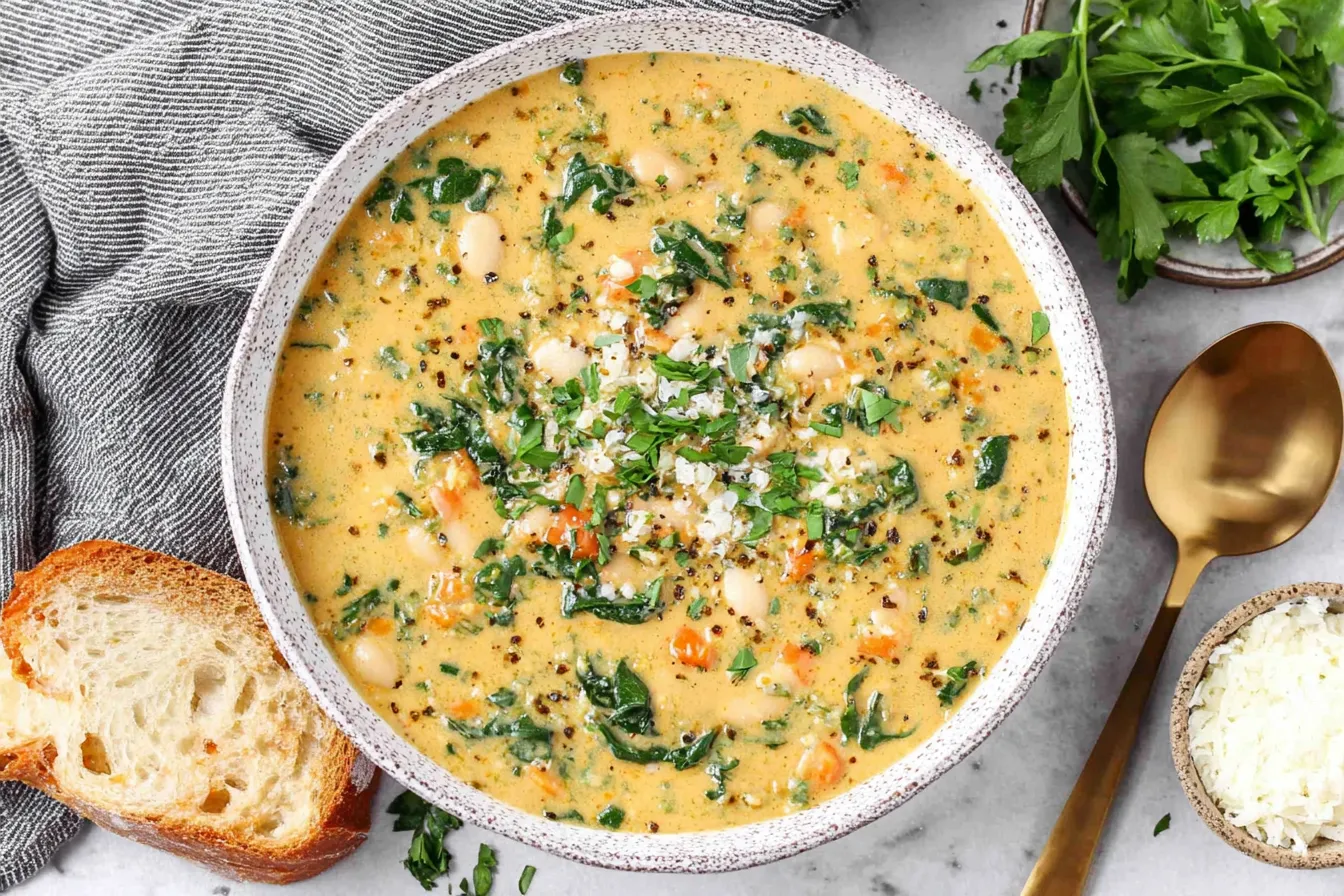 Bowl of Tuscan White Bean Soup with spinach and bread