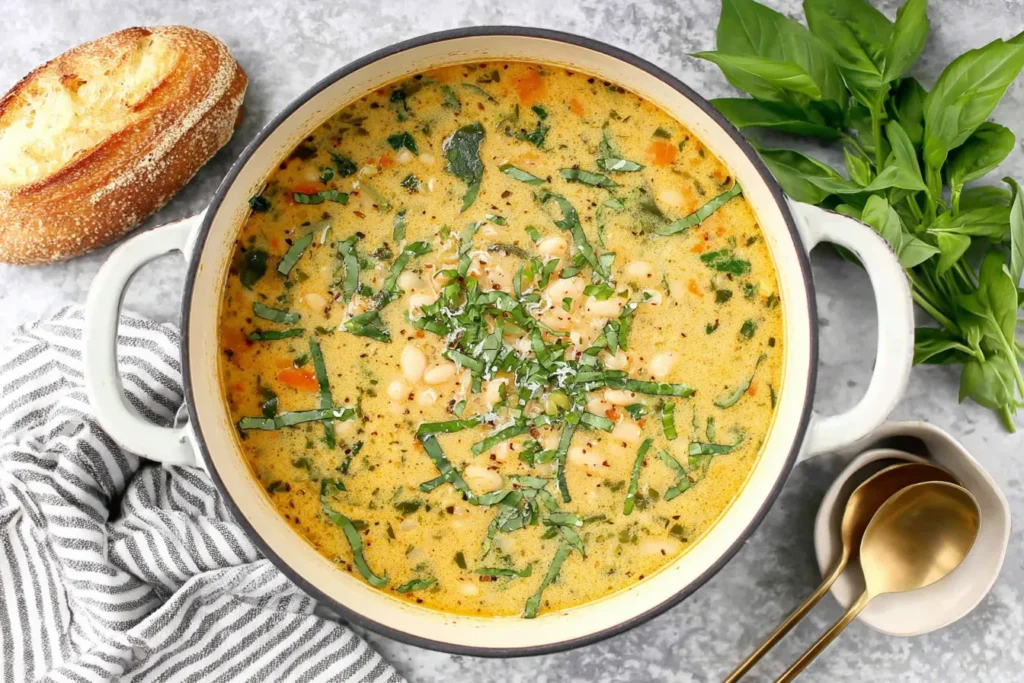 Tuscan White Bean Soup in a pot with fresh basil and bread