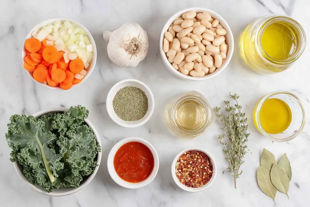 Ingredients for Tuscan White Bean Soup: kale, beans, carrots, garlic, and spices