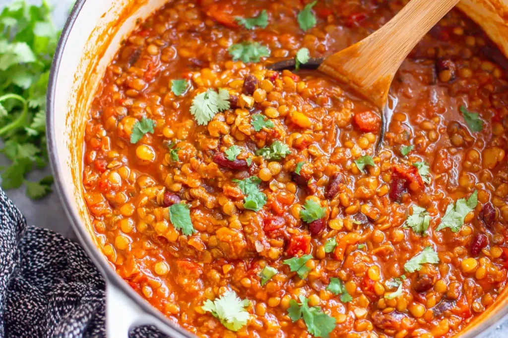 Vegan Lentil Chili Recipe simmering in a pot with tender lentils, tomatoes, and fresh cilantro