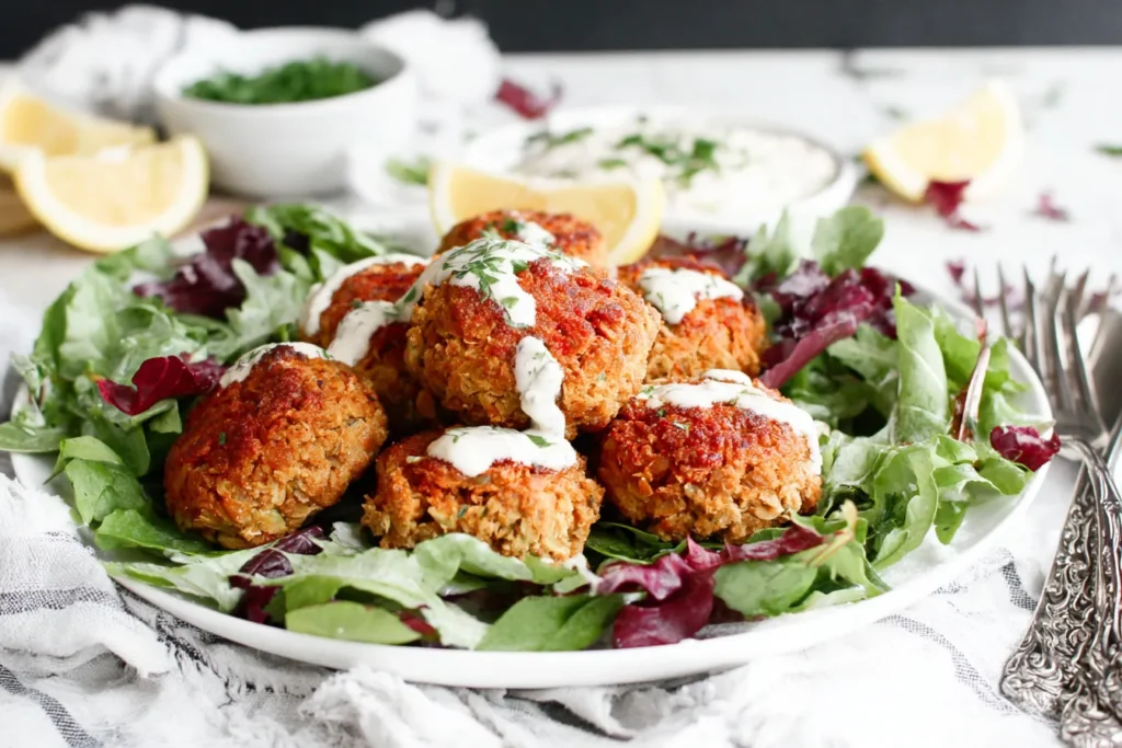 Vegetarian Lentil Meatballs on fresh greens with creamy sauce