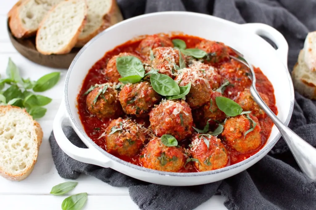 Vegetarian Lentil Meatballs baked in rich tomato sauce with fresh basil