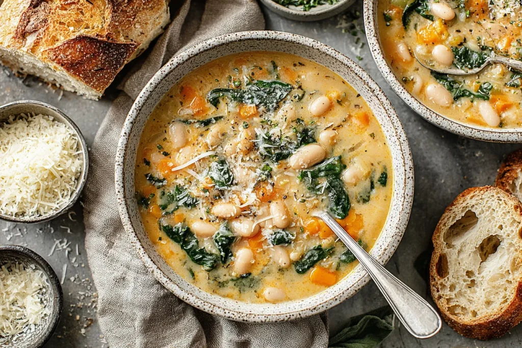 Hearty White Bean Soup garnished with parmesan and herbs in a rustic bowl