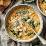 Hearty White Bean Soup garnished with parmesan and herbs in a rustic bowl