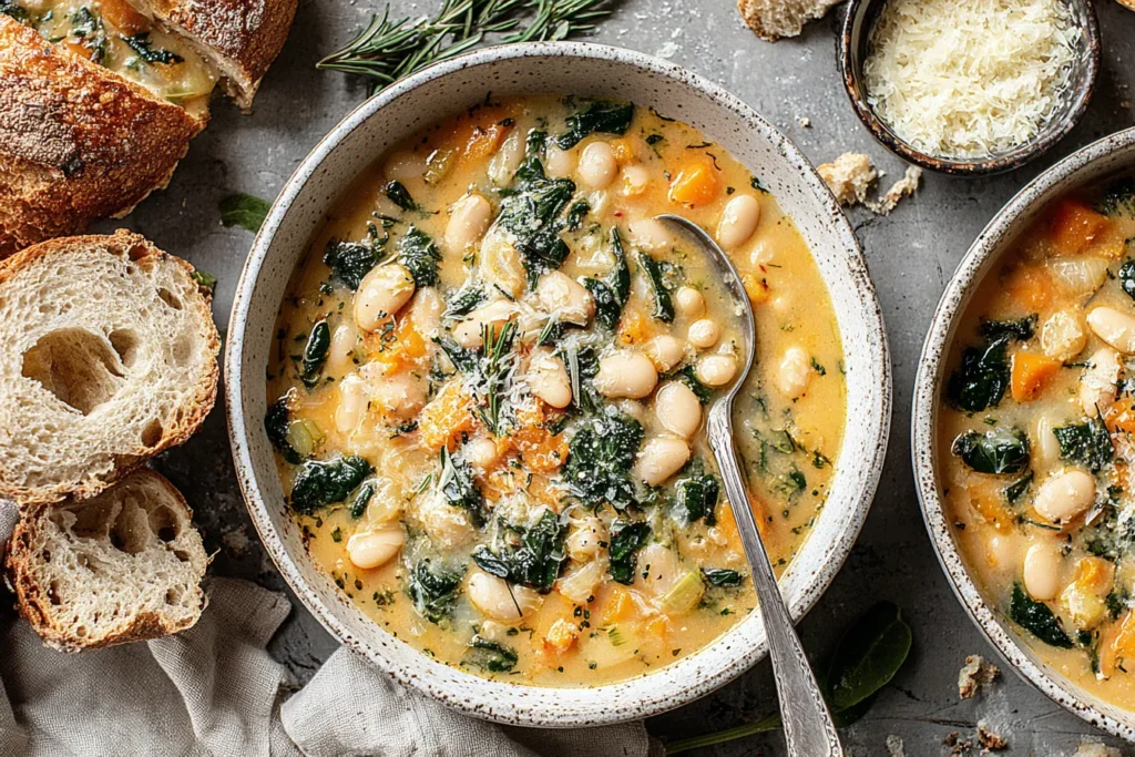 Creamy White Bean Soup with spinach, carrots, and parmesan served with crusty bread