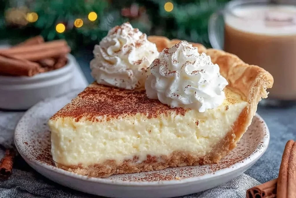 Slice of Christmas Eve Cinnamon Vanilla Custard Pie topped with whipped cream and cinnamon on a festive plate.