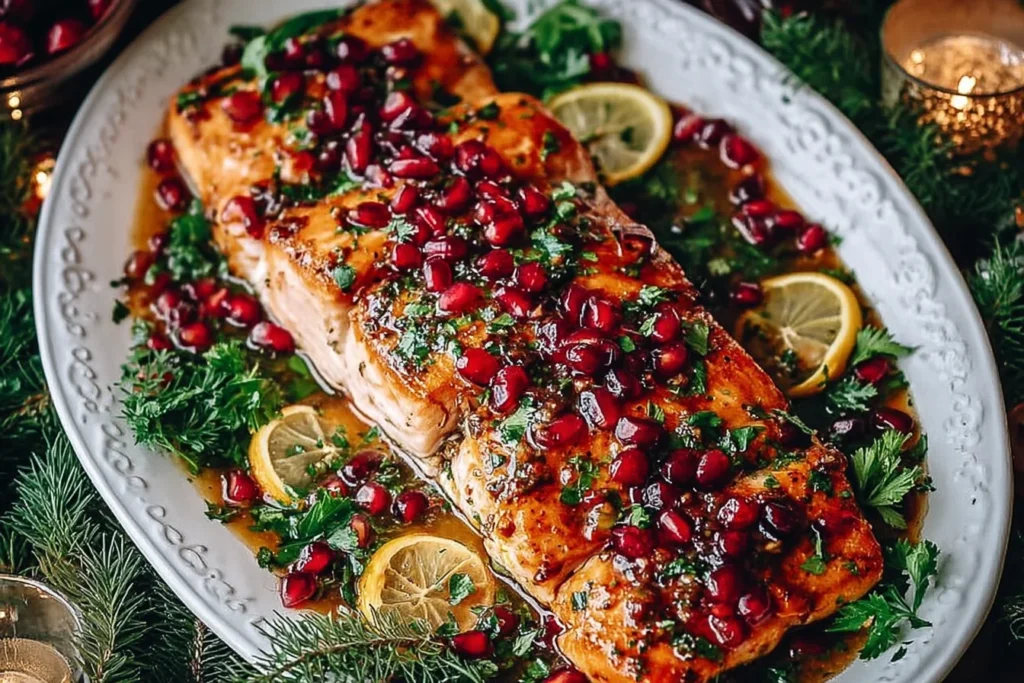 Christmas Salmon with Pomegranate Glaze topped with fresh pomegranate seeds, herbs, and citrus slices on a holiday serving platter.