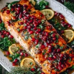 Christmas Salmon with Pomegranate Glaze topped with fresh pomegranate seeds, herbs, and citrus slices on a holiday serving platter.