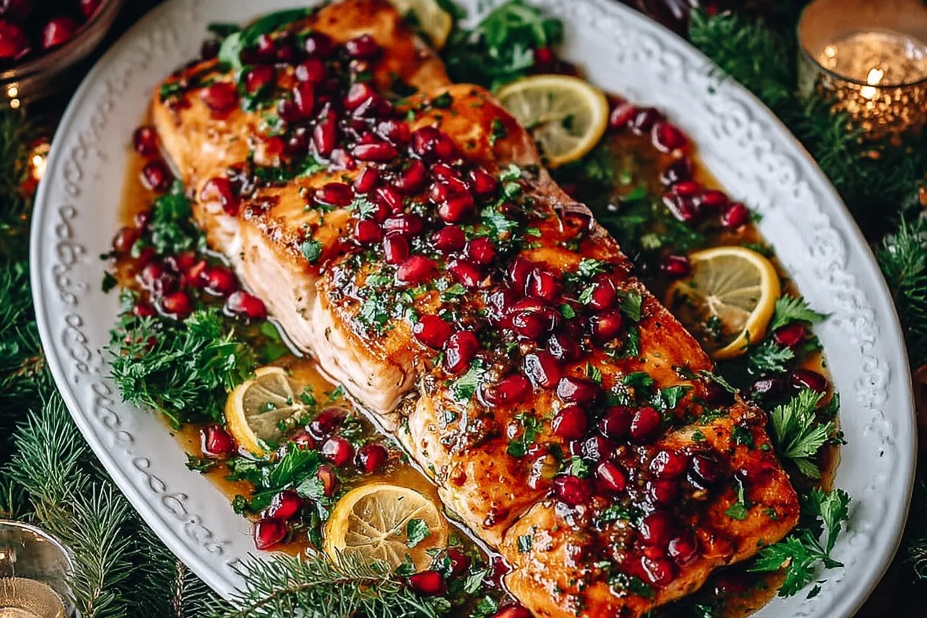 Christmas Salmon with Pomegranate Glaze topped with fresh pomegranate seeds, herbs, and citrus slices on a holiday serving platter.
