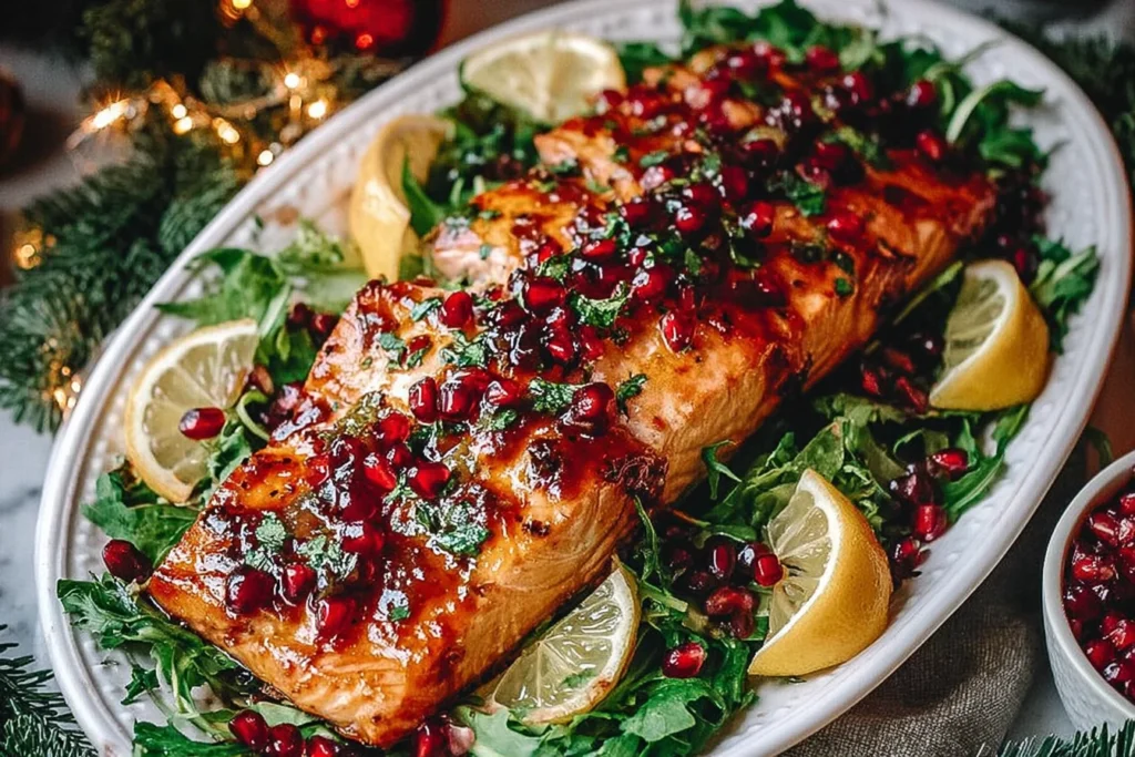 Christmas Salmon with Pomegranate Glaze served on greens with fresh lemon wedges and pomegranate seeds for a festive holiday presentation.