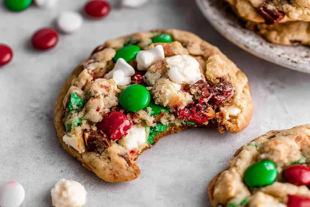 Close-up of a bitten Christmas Kitchen Sink Cookie showing colorful mix-ins like M&Ms, white chocolate, and crunchy holiday add-ins