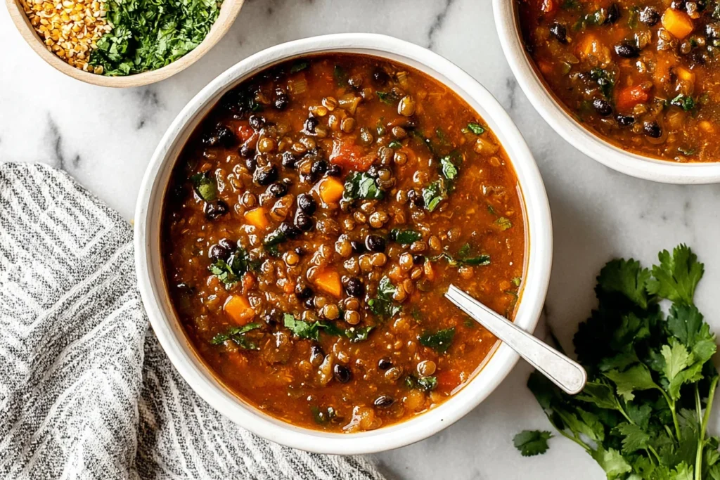 Black Bean and Lentil Soup in a white bowl with carrots, kale, and fresh herbs, served with a spoon on a marble countertop.