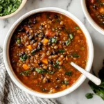 Black Bean and Lentil Soup in a white bowl with carrots, kale, and fresh herbs, served with a spoon on a marble countertop.