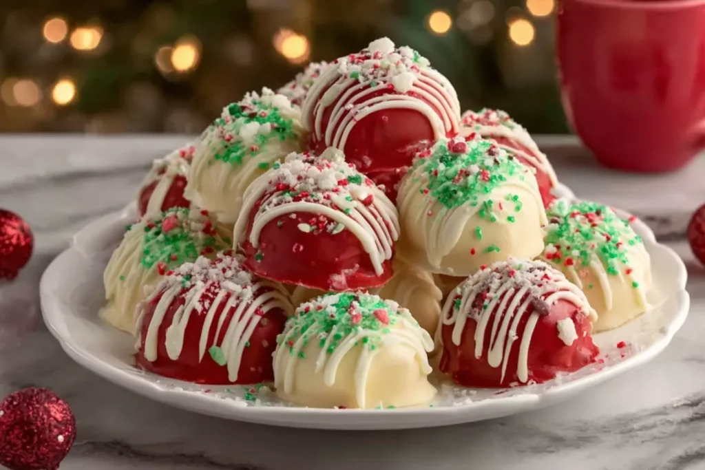 Festive No Bake Christmas Cheesecake Bites covered in red and white chocolate with holiday sprinkles arranged on a plate.