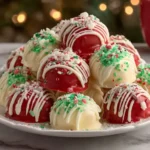 Festive No Bake Christmas Cheesecake Bites covered in red and white chocolate with holiday sprinkles arranged on a plate.