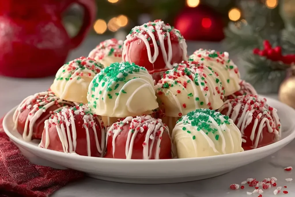 Festive No Bake Christmas Cheesecake Bites topped with red and green sprinkles and white chocolate drizzle on a holiday plate.