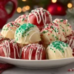 Festive No Bake Christmas Cheesecake Bites topped with red and green sprinkles and white chocolate drizzle on a holiday plate.