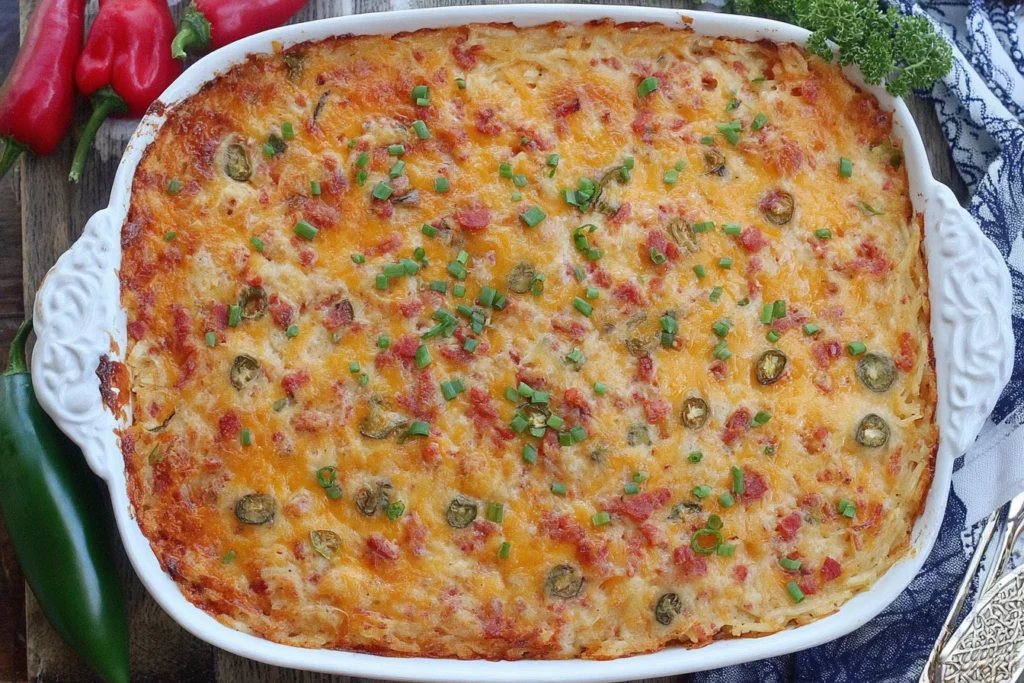 Baked Pimento Cheese Hash Brown Casserole in a white dish, topped with melted cheese, jalapeños, and green onions.