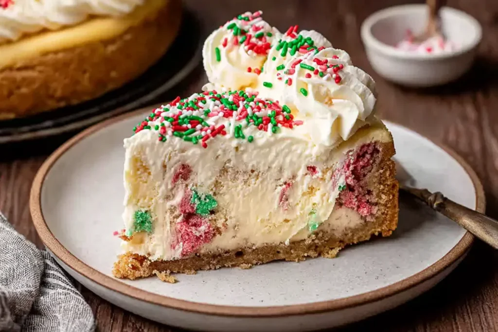 A festive slice of Sugar Cookie Cheesecake topped with whipped cream and holiday sprinkles on a plate.