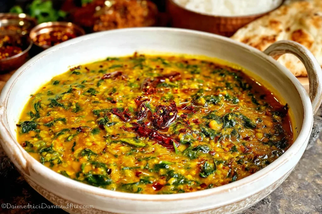 Dal Palak (Spinach Dal) in a rustic bowl topped with chili-infused oil and fresh spinach, served with naan and rice in the background.