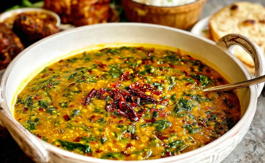 Dal Palak (Spinach Dal) served in a bowl with vibrant lentils, spinach, and spiced chili oil garnish.