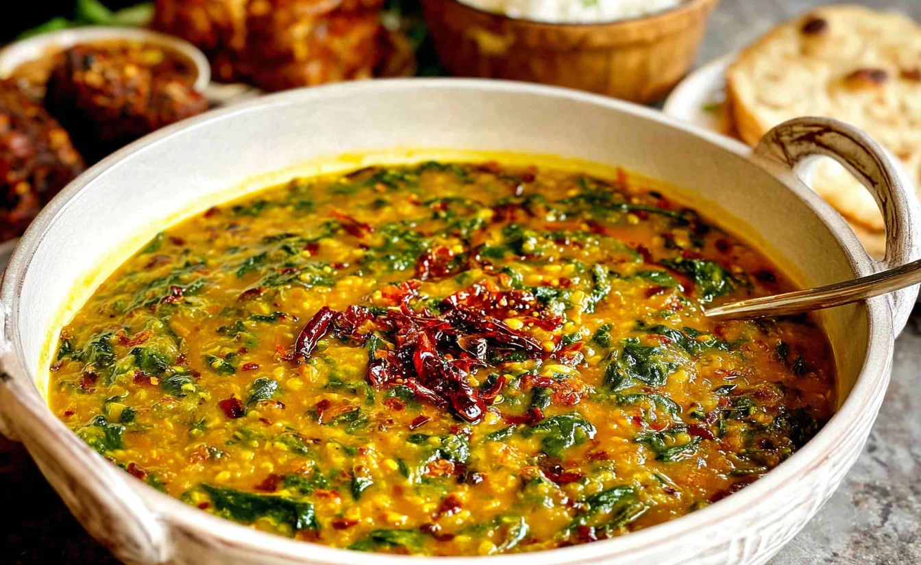 Dal Palak (Spinach Dal) served in a bowl with vibrant lentils, spinach, and spiced chili oil garnish.