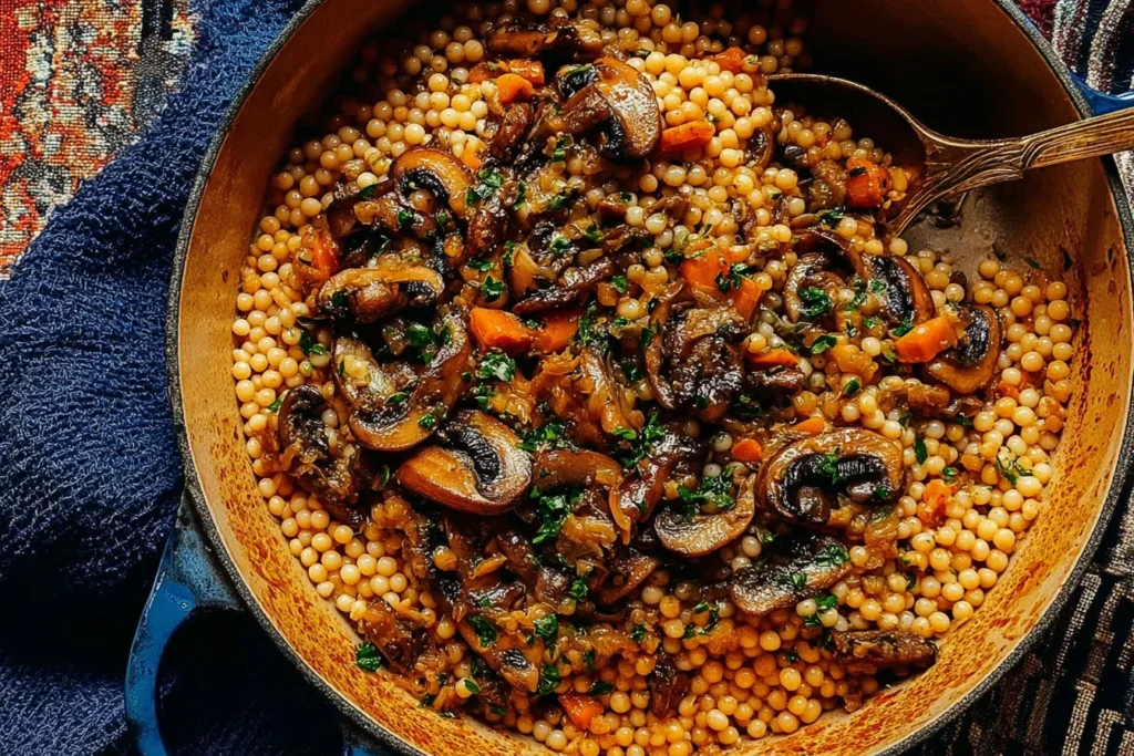 Pearl Couscous with Mushrooms cooked in a rustic pot, featuring golden pearl couscous topped with sautéed mushrooms, herbs, and caramelized vegetables.