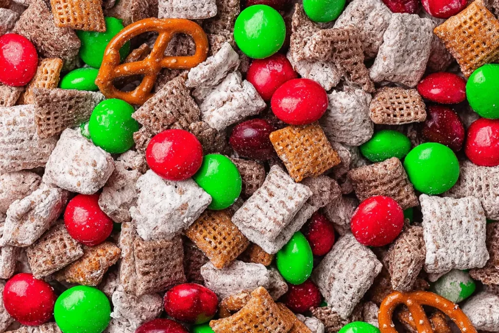 Close-up of Reindeer Chow with Chex cereal, mini pretzels, powdered sugar, chocolate pieces, and red and green M&M’s in a festive holiday snack mix.