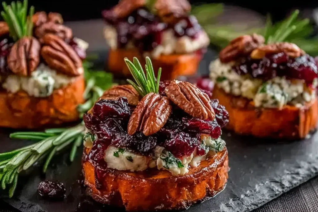 Sweet Potato Rounds with Brie Cranberry and Pecans topped with creamy brie, tart cranberries, toasted pecans, and fresh rosemary