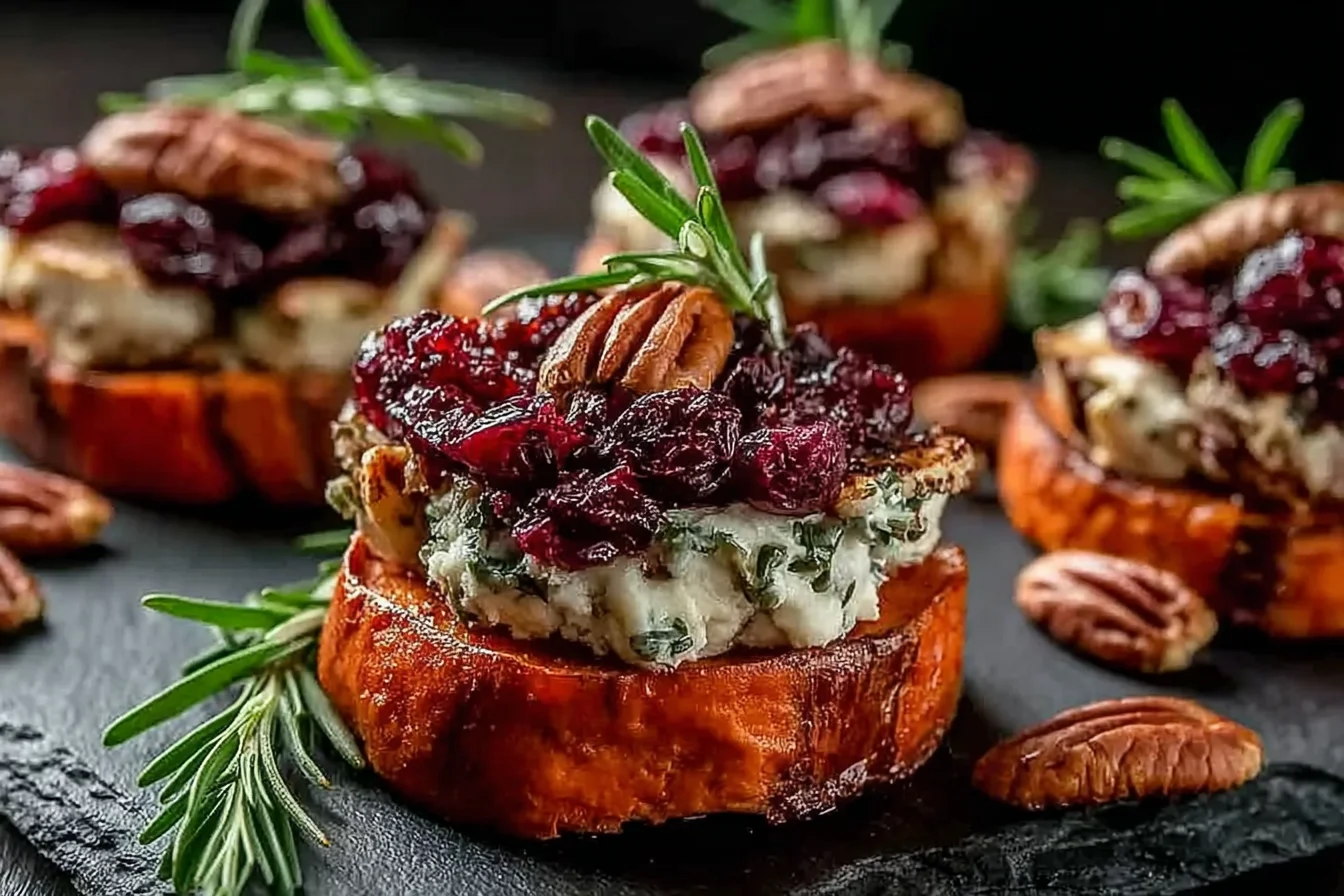 Sweet Potato Rounds with Brie Cranberry and Pecans topped with melted brie, dried cranberries, and toasted pecans on a dark serving board