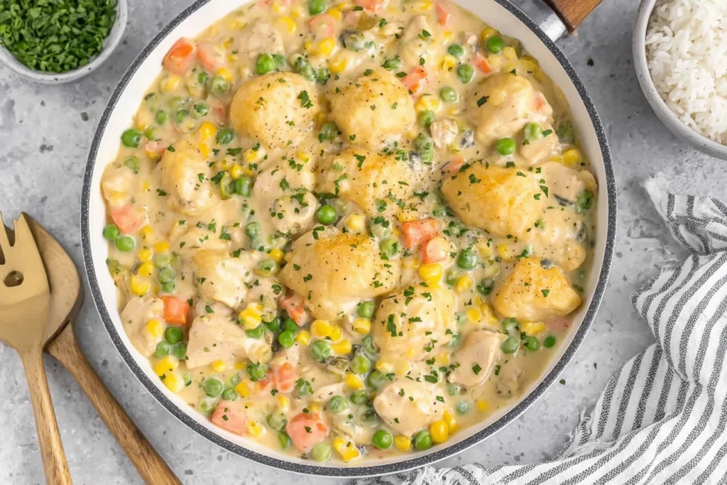 Crustless Chicken Pot Pie in a skillet with creamy chicken, peas, corn, carrots, and a peppery herb finish.