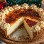 Creamy Christmas Eve Cinnamon Vanilla Custard Pie with a toasted top, crumb crust, and piped whipped edges on a wooden board.