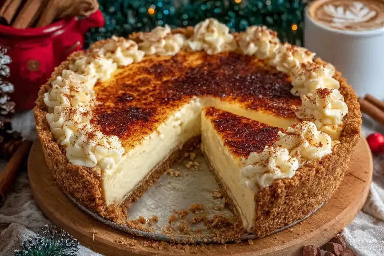 Creamy Christmas Eve Cinnamon Vanilla Custard Pie with a toasted top, crumb crust, and piped whipped edges on a wooden board.