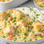 Crustless Chicken Pot Pie served over fluffy white rice with creamy chicken, peas, corn, carrots, and herbs in a shallow bowl.