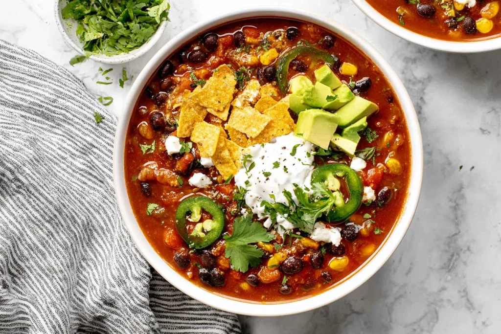 Vegan Chili Recipe with Black Beans in a white bowl, topped with avocado, jalapeño slices, cilantro, tortilla chips, and vegan sour cream.