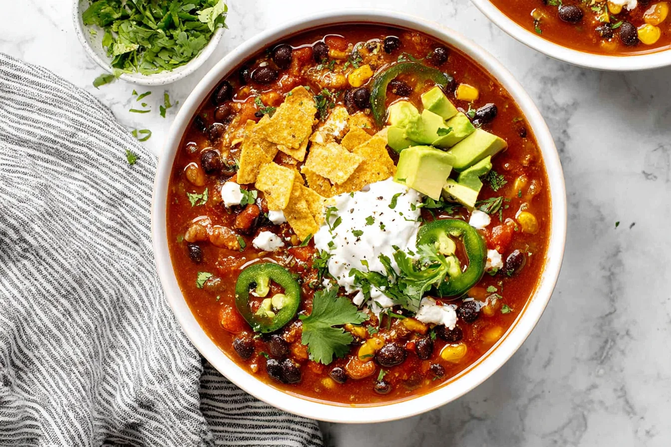 Vegan Chili Recipe with Black Beans in a white bowl, topped with avocado, jalapeño slices, cilantro, tortilla chips, and vegan sour cream.