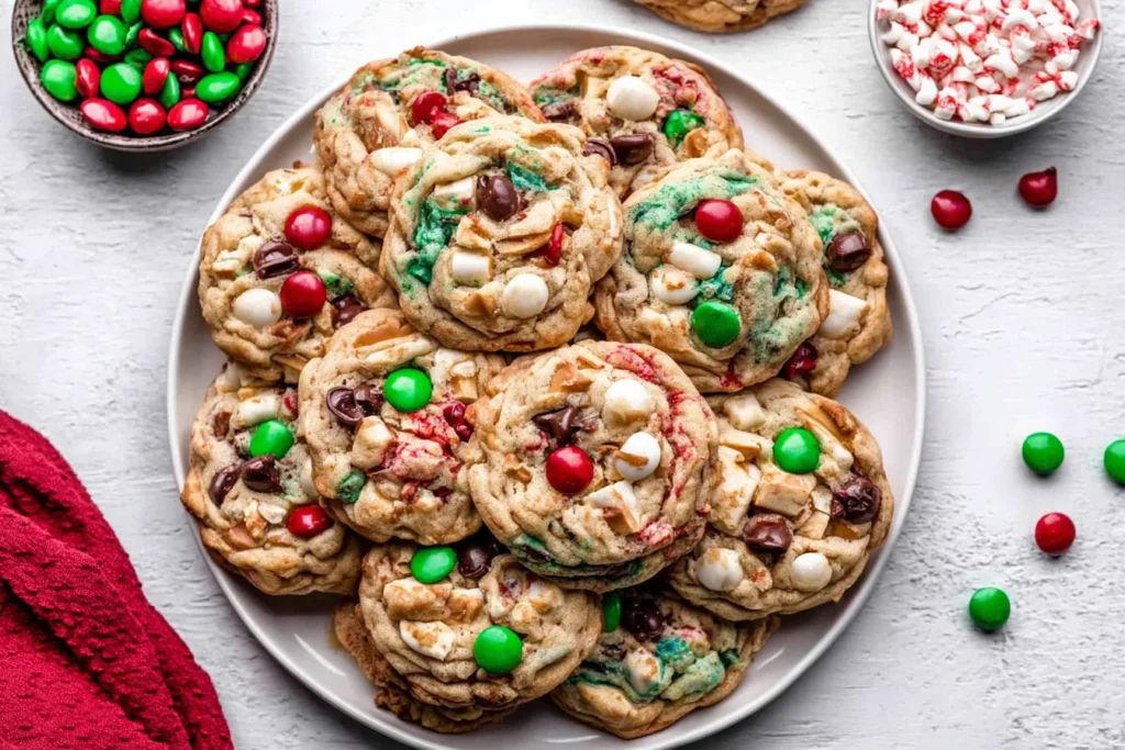 Christmas Kitchen Sink Cookies piled on a plate with colorful holiday mix-ins like M&Ms, white chocolate, pretzels, and chips.