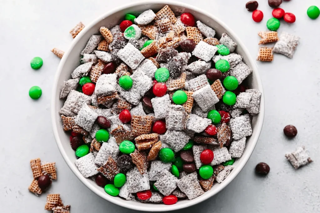 Festive bowl of Reindeer Chow made with Chex cereal, pretzels, powdered sugar, chocolate, and red and green M&M’s for a classic holiday snack mix.
