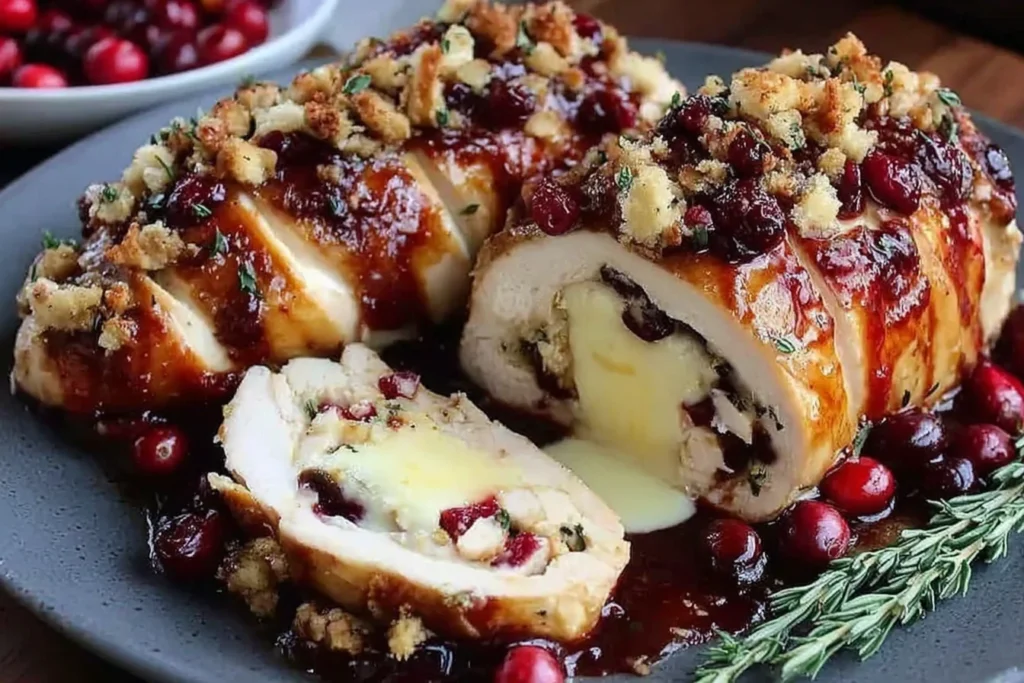 Cranberry Brie Stuffed Chicken sliced and served with cranberry sauce and herbs on a plate