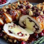 Cranberry Brie Stuffed Chicken sliced and served with cranberry sauce and herbs on a plate