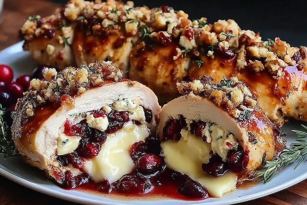 Cranberry Brie Stuffed Chicken sliced open with melted brie, cranberry filling, and toasted breadcrumb topping on a platter.