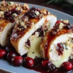 Sliced Cranberry Brie Stuffed Chicken topped with cranberry sauce and toasted breadcrumbs, served with fresh cranberries and herbs on a platter.