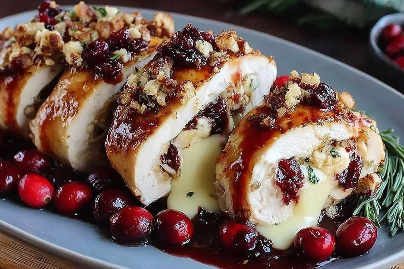 Sliced Cranberry Brie Stuffed Chicken topped with cranberry sauce and toasted breadcrumbs, served with fresh cranberries and herbs on a platter.