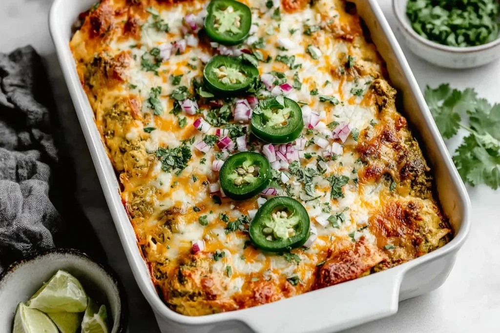Healthy Salsa Verde Chicken Casserole in a white baking dish with bubbly melted cheese, jalapeño slices, diced red onion, and cilantro