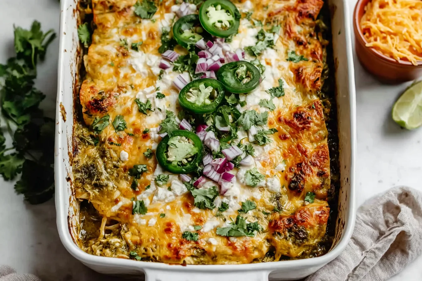 Healthy Salsa Verde Chicken Casserole baked in a white dish with melted cheese, sliced jalapeños, red onion, and fresh cilantro