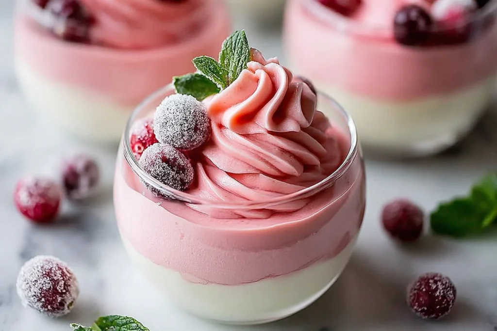 Cranberry Mousse Cups topped with sugared cranberries and mint in elegant glass jars.