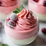 Cranberry Mousse Cups topped with sugared cranberries and mint in elegant glass jars.