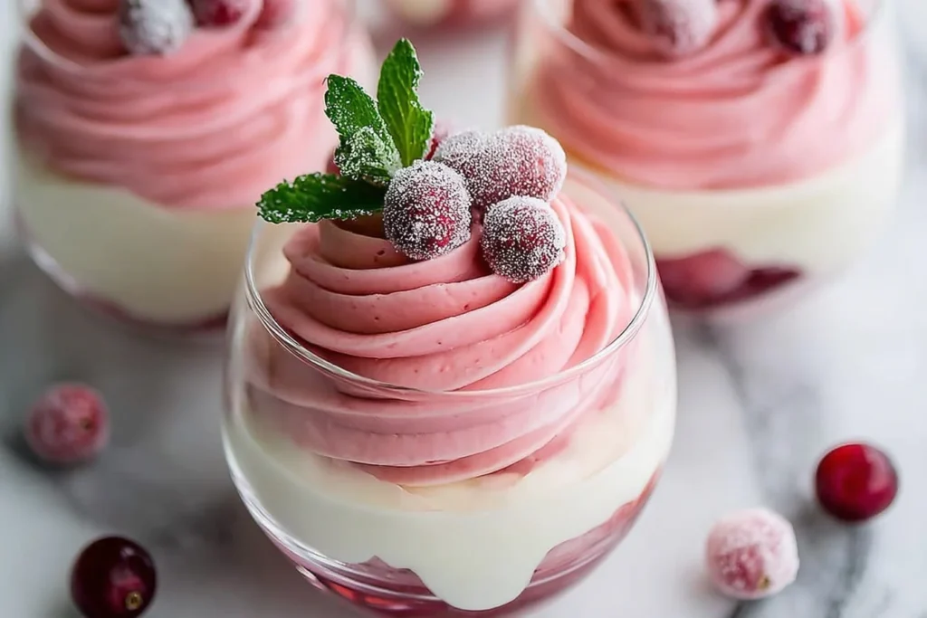 Cranberry Mousse Cups with layered pink cranberry mousse, vanilla cream, sugared cranberries, and fresh mint