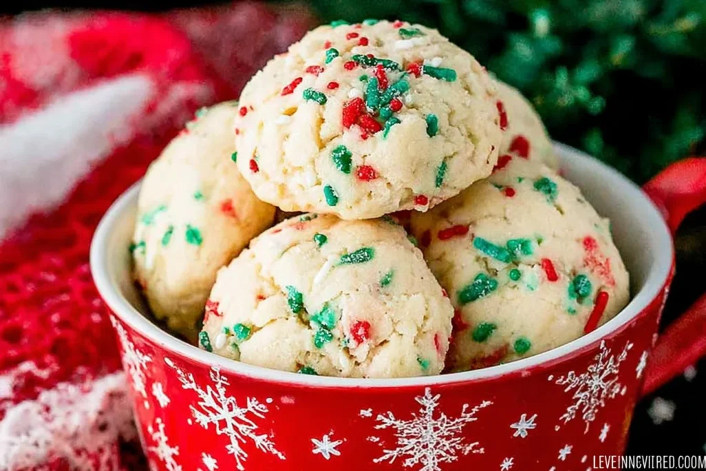 Snowball Cookie Recipe with buttery holiday cookies topped with red and green sprinkles in a festive bowl