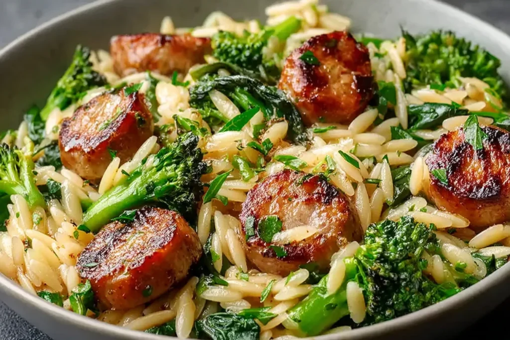 Chicken Sausage and Broccoli Orzo cooked in one pan with golden-browned sausage, tender broccoli, and creamy orzo pasta.